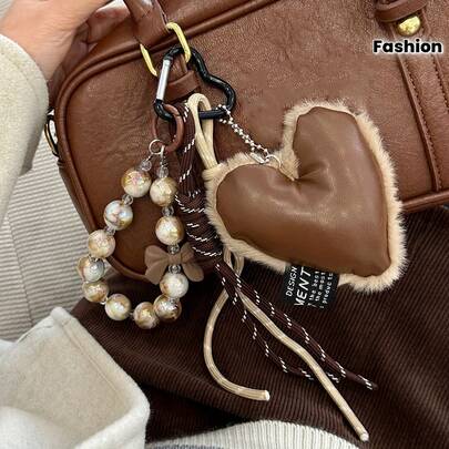 Llavero de PU con forma de corazón (relleno) con cordón trenzado y decoración - Adorno colgante de cuentas marrón y blanco, accesorio de moda para bolso, accesorio multifuncional, superficie texturizada