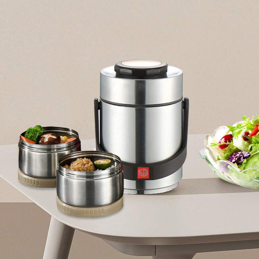 2-Tier Stackable 1.5L Insulated Stainless Steel Bento Lunch Box – Leak-Proof Food Jar For Kids School, Work Office, Picnic & Travel (Silver) - Silver - View 1
