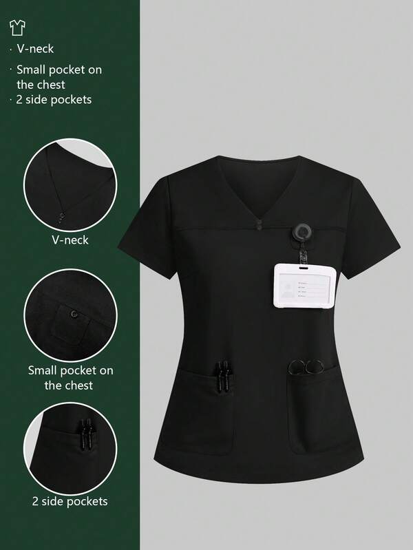 cimmuovere Plus Size Women V-Neck Short Sleeve Dual Pocket Solid Color Scrubs Nurse Scrubs Workwear Dentist Healthcare Pet Hospital Laboratory Top