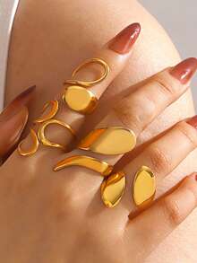 4 件不锈钢镀金时尚几何不对称开口戒指套装，适合女性日常、节日、派对、约会、旅行佩戴，优雅戒指套装 - 彩色 - 查看 1