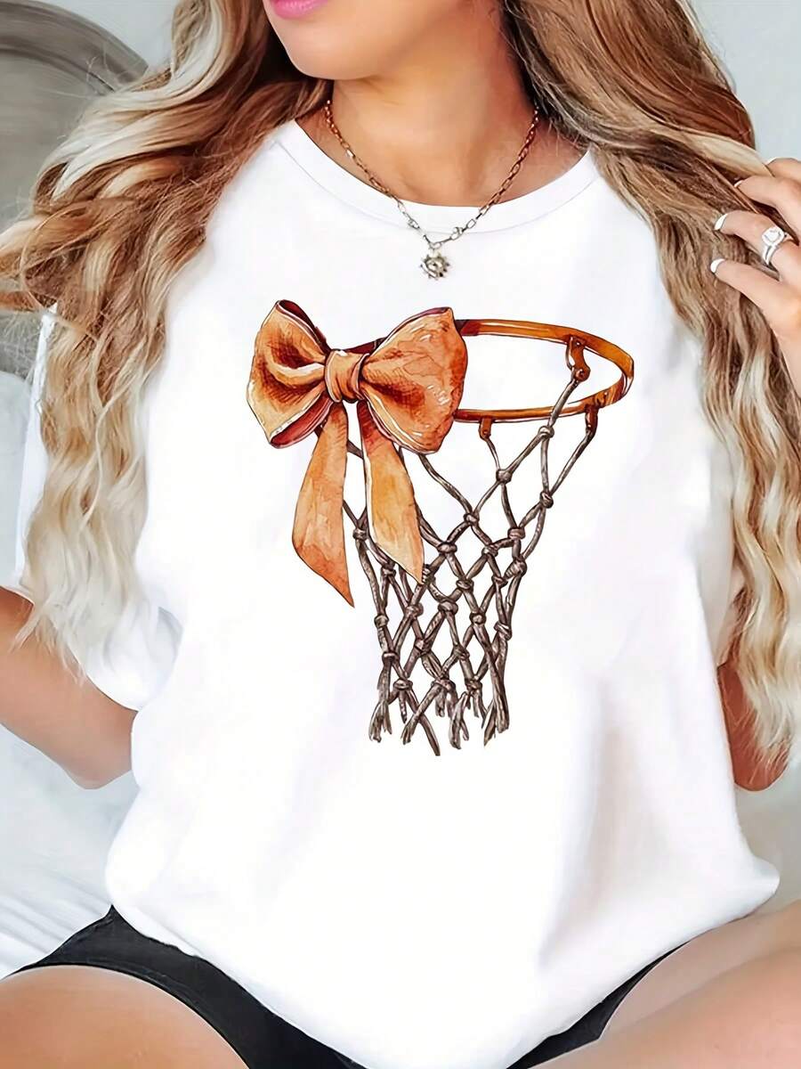 Basketball Hoop With Bow Print Round Neck Casual Wear Gift Game Day Women's Plus Size T-Shirt 220g - trắng - Xem 1