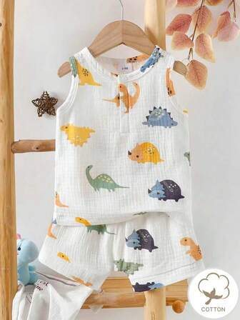 Nyfödd pojke sommar Casual Söt dinosaurietryck väst med rund hals och dinosauriemönster shorts 2 delar set