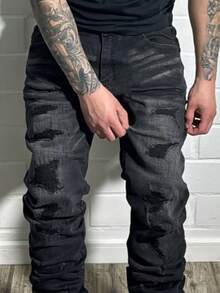 Men's Hip Hop Cargo Pants, Distressed Black, Slim Fit, Stretchy, Washed, Versatile Casual Pants - Black - View 3