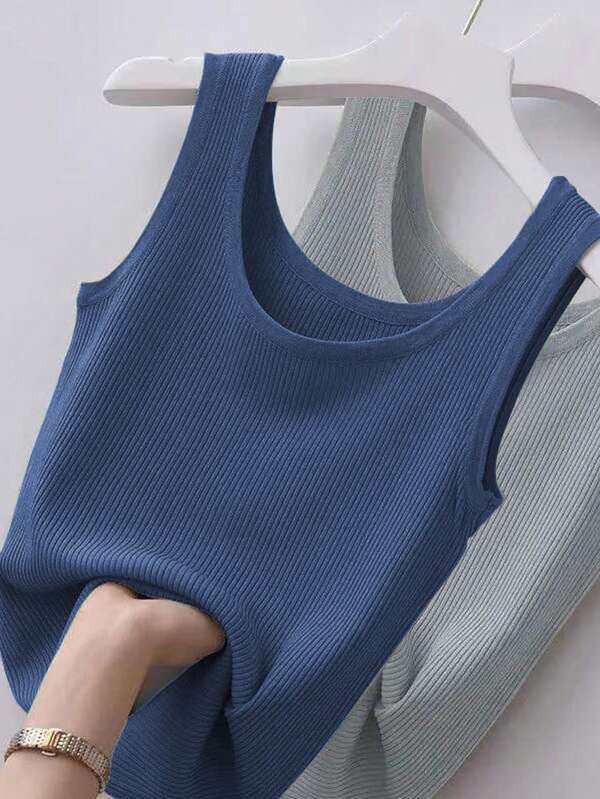 Women's Slim Fit Ribbed Camisole Tank Top, Sleeveless Thin Layering Vest For Spring & Summer, Plus Size