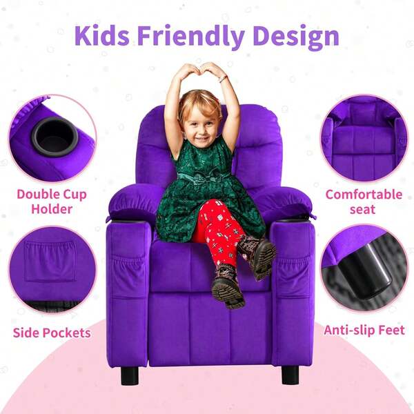 Child Reclining Chair, Toddlers Recliner Sofa With Cup Holders,Toddlers Recliner Chair With Cup Holder,Big Kids Recliner For Ages 3+,Sofa For Boys & Girls Bedroom