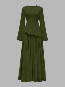 女式优雅荷叶边拼接系腰喇叭袖连衣裙，春夏 - 軍綠色 - 查看 7