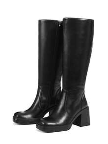 Women's Riding Knee High Boots Platform Chunky Square Toe Heeled Side Zipper Fall Casual Comfortable Long Tall Boots Woman - 黑色 - 查看 3