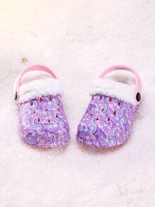 1 Pair Girls' Comfortable Fashion Casual Purple Heart Print Versatile Thermal Lined Warm Clogs, Autumn/Winter - Pink - View 3