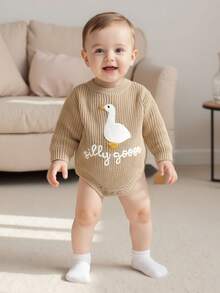 Newborn Infant Cute Goose Letter Embroidery  Romper Jumpsuit Baby Knitted Sweater Long Sleeve Round Neck Rompers Newborn Girl Boy Goose Funny Romper Reveal Pregnancy Announcement Clothes - 卡其色 - 查看 8