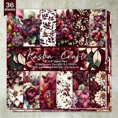 36 vellen 6 inch donkerrood bloemenpatroon achtergrond scrapbookpapier, geschikt voor bullet journals, collages, wenskaarten, plakboeken en knutselwerkjes