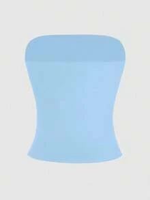 XLLAIS 性感无肩带基础款背心，时尚纯色弹力修身浅蓝色抹胸上衣，四季皆宜。 - 天藍色 - 查看 8