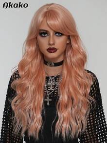 AKAKO 26 Inch Orange Pink Long Wavy Wig With Curtain Bangs, High Quality Heat-Resistant Fiber Synthetic Wave Curly Hair Wig, Gorgeous Goth Style Costume Wigs For Women Halloween Party Masquerade Ball,Music Festivals & Carnival Use
