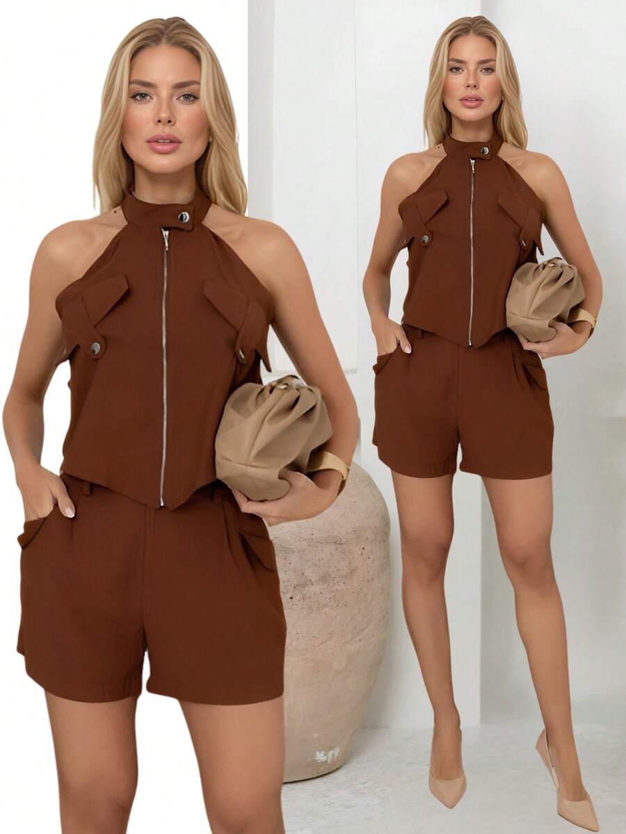 TETE FASHION Women's Short Set Turtleneck Blouse And Tailored Shorts 9813 - 鏽棕色 - 查看 1