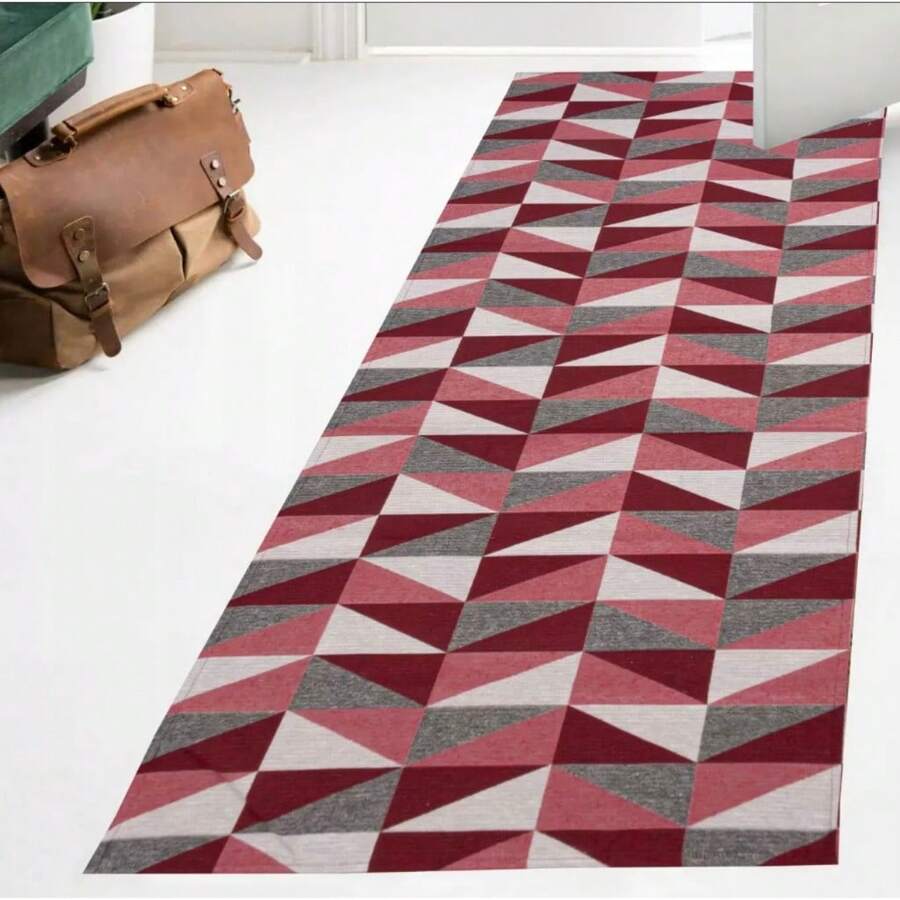 Rubberized Jacquard Runner Rug 2.00x0.65 Geometric For Bedroom, Living Room, Office Or Kitchen, Non-Slip Promotion - 紅白色 - 查看 1