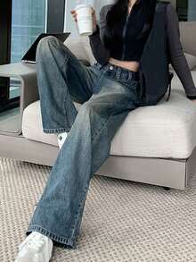 Women's High Waist Loose Straight Leg Dark Blue Denim Jeans