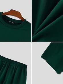 INCERUN Mens Round Neck Long Sleeve T-Shirt Tops Shirt Wide Leg Long Pants Trousers Spring Fall Casual Loose Plain 2PCS Sets Outfits - 墨綠色 - 查看 10