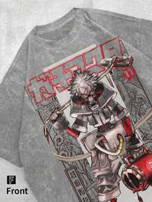 Washed Cotton Men's T-Shirt - Gachiakuta "Ludo Battle Mode" Retro Anime Comic Acid-Washed Heavy Cotton Short-Sleeved, Graphic T-Shirt, Anime Fan Gift, Men's Clothing, Street Style Tops,  Wear, Local Warehouse - 灰色 - 查看 1