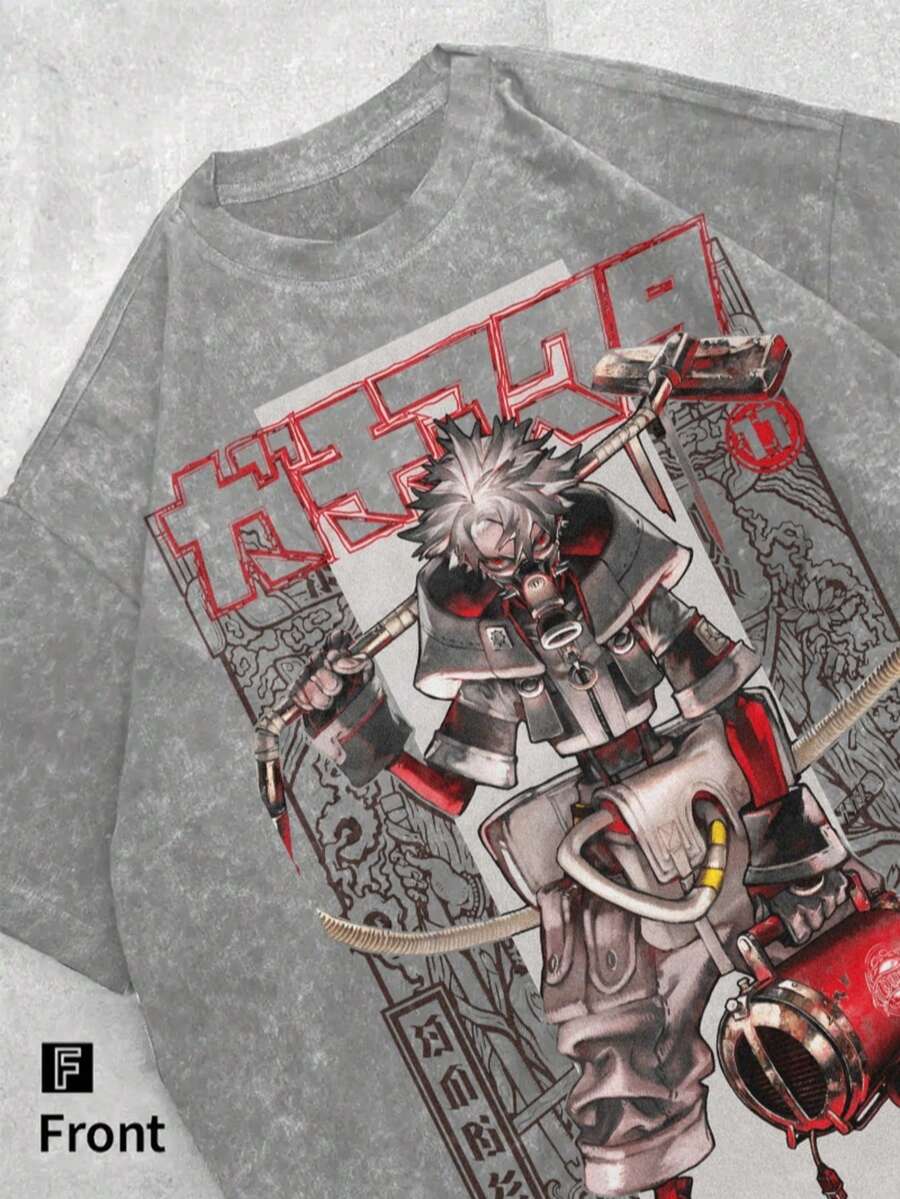 Washed Cotton Men's T-Shirt - Gachiakuta "Ludo Battle Mode" Retro Anime Comic Acid-Washed Heavy Cotton Short-Sleeved, Graphic T-Shirt, Anime Fan Gift, Men's Clothing, Street Style Tops,  Wear, Local Warehouse - 灰色 - 查看 1