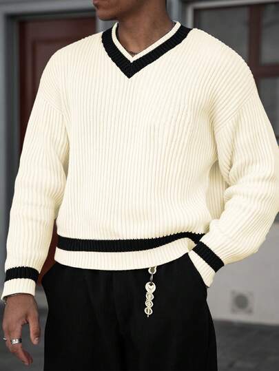 Lässiger, locker sitzender Herren Pullover mit V-Ausschnitt und halber Knopfleiste, Langarm, koreanischer Stil, Herbst/Winter