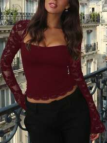 Women's Solid Color Lace Patchwork Long Sleeve Cropped T-Shirt, Fitted Sexy For Party Clubwear - Burgundy - View 5
