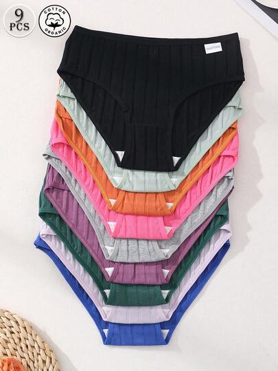 9pcs Women's Pure Cotton Panties, Sexy Low Waist Solid Color Briefs, Ribbed Soft Stretchy Comfortable Underwear, Suitable For Daily Wear, Sports, Yoga And Intimate Wear.