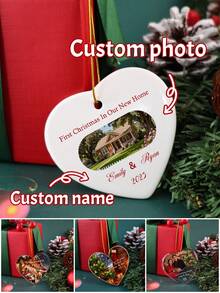 Custom Photo Christmas Ornaments, Personalized New Home Gift, Housewarming Gifts, Customized Text Keepsake, Customizable Picture Christmas Tree Decorations, First Christmas, First Home Ornament 2025, Ceramic/Wood/Crystal/Acrylic, Heart Shape, Christmas Decorations, Christmas, Family, Friend
