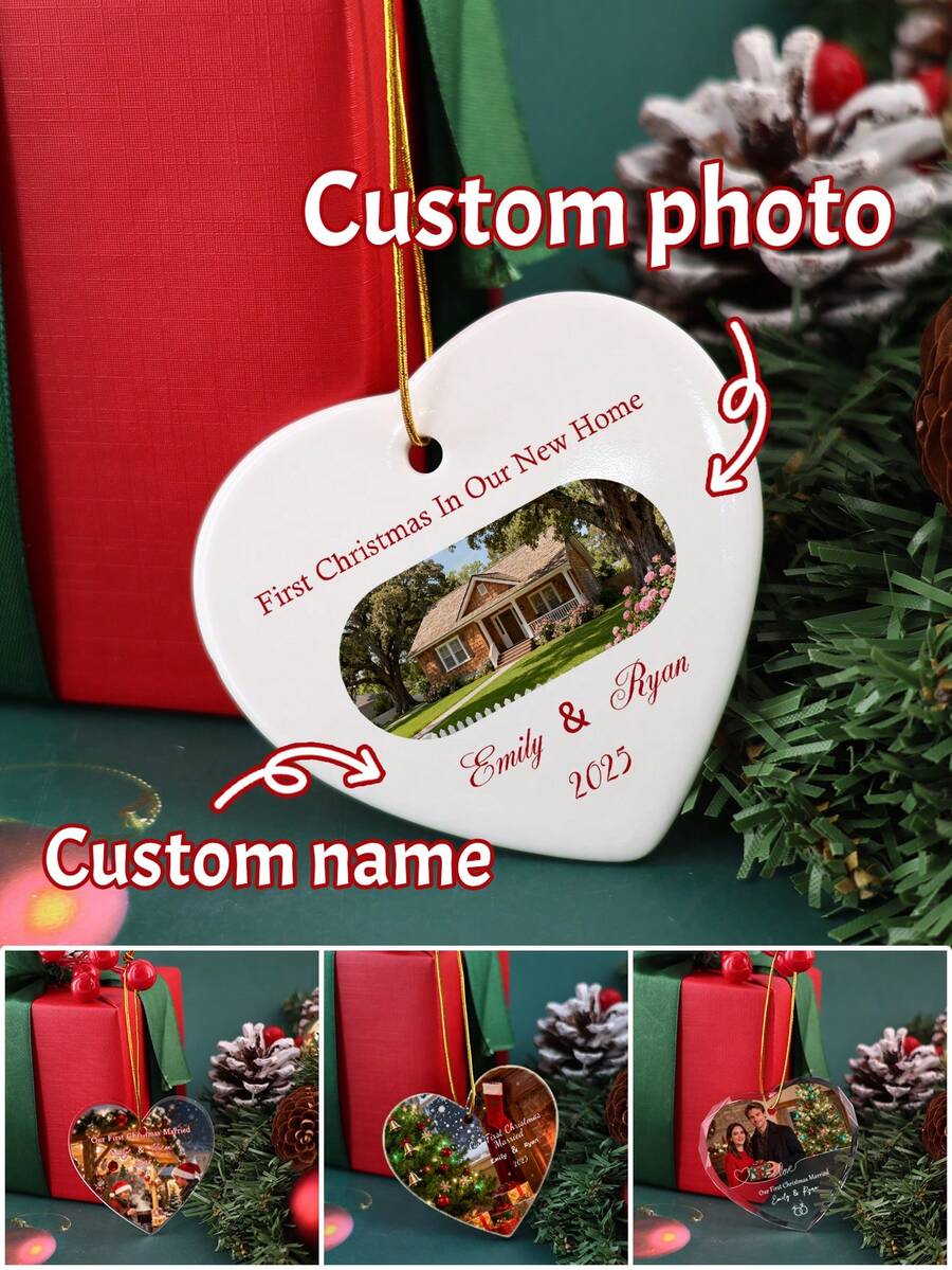 Custom Photo Christmas Ornaments, Personalized New Home Gift, Housewarming Gifts, Customized Text Keepsake, Customizable Picture Christmas Tree Decorations, First Christmas, First Home Ornament 2025, Ceramic/Wood/Crystal/Acrylic, Heart Shape, Christmas Decorations, Christmas, Family, Friend