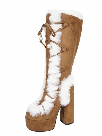 Höst/vinter Punk Mode Mid-Kalvstövlar, Fluffiga Tjocka Platåskor, Fest