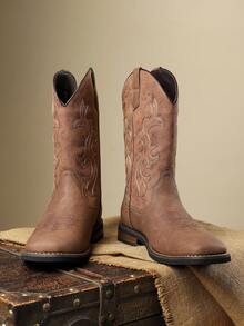 1 Pair Men's Embroidered Pattern Round Toe High-Top Low-Heel PU Leather Upper Rubber Outsole Comfortable Fitted Casual Western Cowboy Boots For Weekend Outings - Yellow - View 2