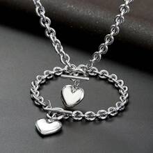 2Pcs Creative Punk Heart-Shaped Pendant Necklace Bracelet Set For Women Hip-Hop O-Shaped Chain Stainless Steel Jewelry Daily Wear Festival Gifts - 款式2 - 查看 10