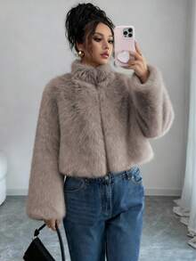 女士休闲百搭米色街头时尚柔软人造毛皮开衫夹克，适合冬季 - 卡其色 - 查看 6
