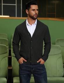 URRU Mens Shawl Collar Cardigan Sweater Casual Slim Fit Button Down Cable Long Sleeve Knitted Sweater With Pockets - Black - View 2