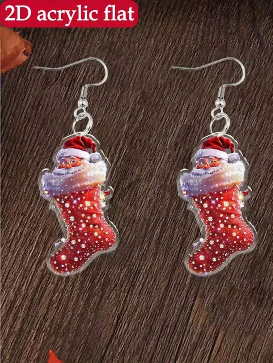 925 Silver 2D Tablet, 1 Pair Of Cartoon Santa Claus And Stocking Pendant Earrings - Red And White Earrings, Suitable For Women's Christmas Clothing, Christmas Gifts, Women's Autumn And Winter Jewelry, Fashionable Pendant Earrings - Autumn Design, Stainless Steel Hooks, Perfect For Thanksgiving, Holiday Shoppers, Daily Wear, Music Festivals