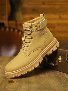 [Special Offer] Men's Faux Leather Lace-Up Work Boots - Buckle Strap Detail & Non-Slip Lug Sole, Comfortable Durable Footwear For Daily Casual, Outdoor & Street Style Wear - 棕色 - 查看 1