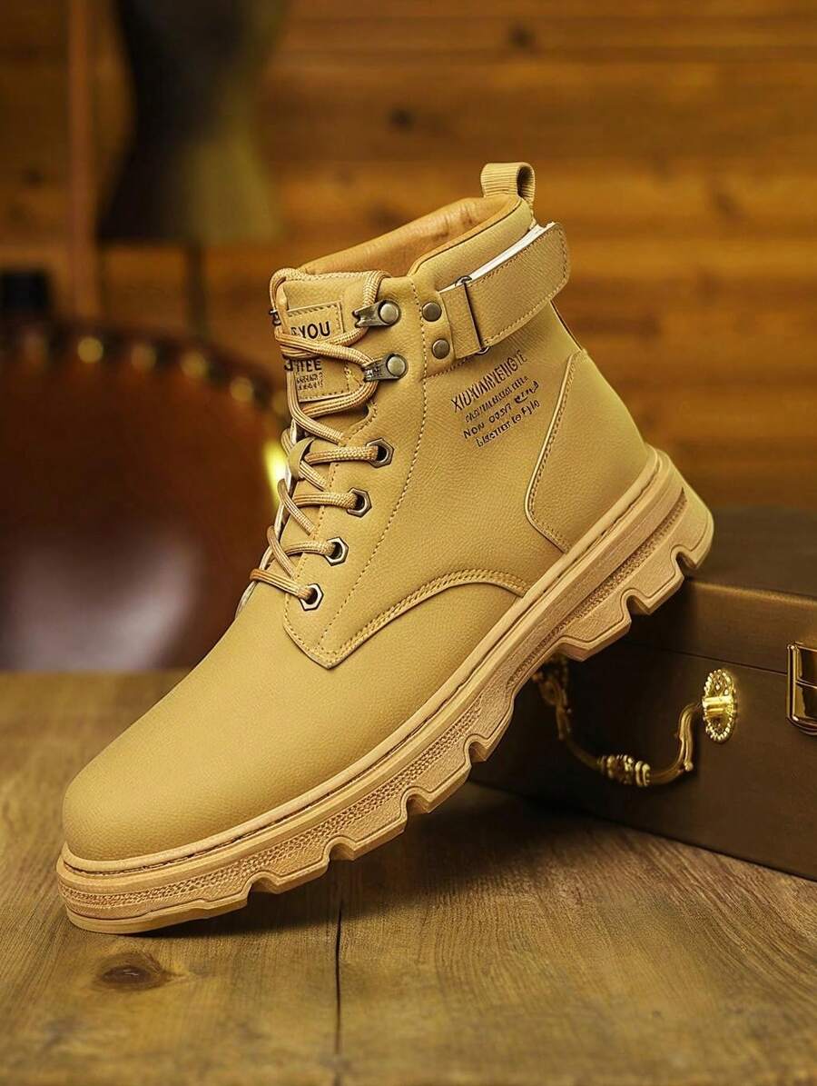 [Special Offer] Men's Faux Leather Lace-Up Work Boots - Buckle Strap Detail & Non-Slip Lug Sole, Comfortable Durable Footwear For Daily Casual, Outdoor & Street Style Wear - 棕色 - 查看 1