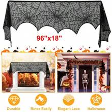 Halloween Fireplace Mantle Scarf - 96x18 Inch Black Lace Scarf With Spider Web, Bat & Spider Design, Lightweight Durable - Ideal For Haunted House, Party, Window, Dining Table Decor