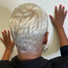 Elegant Gray Wig Human Hair Wig Pixie Cut Wig Short Hair Wig With Bangs Glueless Wig Straight Wigs Halloween Cosplay Wig Family Costume Wig 6-Inch Rose Mesh Hat, Comfortable To Wear, Suitable For All Women - Xám - Xem 3