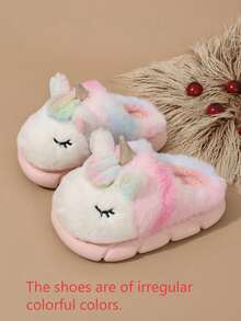 A Pair Of Colorful New Girls' Plush Slippers For Winter, Featuring Cute Unicorn Designs, Warm Princess Slippers For Children, Non-Slip Home Shoes For Boys. - Pink - View 13