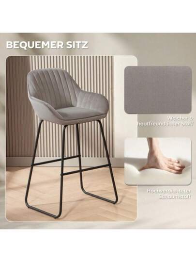 HOMCOM Set Of Bar Stools, Fabric Hoes Foam Padding, Metal Legs, Grijs view 5