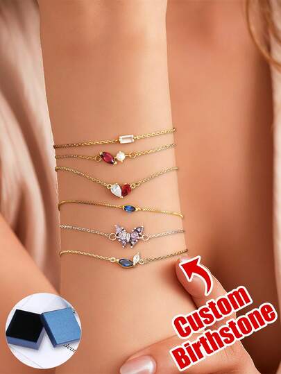 Pulsera delicada de varios niveles con piedra natal de CZ - Tono dorado/plateado chapado en cobre Accesorio personalizado de circonita cúbica, pulsera delicada de varios estilos para novias, mejores amigas y uno mismo, diseño personalizable de piedra natal con aspecto minimalista, regalo sentimental perfecto para cumpleaños, aniversarios, atuendos diarios por capas y ocasiones especiales, joyería delicada y con estilo para uso diario y obsequios conmovedores