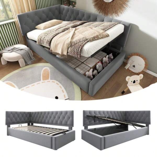 Upholstered Bed, Sofa Bed 90x190 Cm, Sofa Bed With Hydraulic Storage, Children's Bed, Teen Bed, Wooden Slatted Base, Velvet, Gray, Mattress Not Included