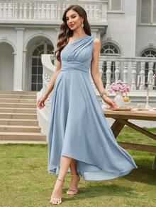 Volly Toych 浅蓝色A字型优雅露背不对称V领中长雪纺伴娘礼服/婚礼宾客礼服 - 霧霾藍 - 查看 3