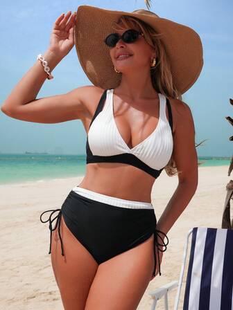 Neue Ankunft einfarbiger Tankini Badeanzug, gerafft, hohe Taille, Träger-Splice, Strand Bikini