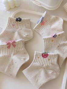 5 pares de calcetines cortos para mujer de color blanco y rosa con bordados florales y de moños, que absorben la humedad y son cómodos hasta el tobillo, adecuados para uso diario en primavera y verano