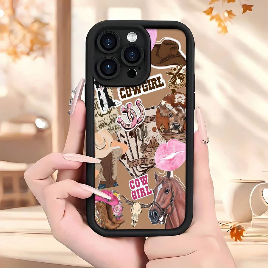 Funda vaquera para móvil, decorada con sombreros de vaquero y herraduras, compatible con 17, 16, 16 ProMax, 15, 15 ProMax, 14, 13, 12 y 11 Pro. Fabricada en TPU, ofrece protección a prueba de golpes. Perfecta para familiares, amigos, niños, cumpleaños, primavera, vacaciones, novios, novias y San Valentín. - Negro - Ver 1