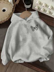 年轻女孩休闲舒适宽松厚针织套头连帽运动衫 - 灰色 - 查看 3