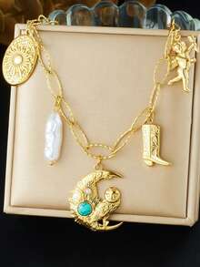 1 vergoldeter Cartoon-Tier-Anhänger mit mehreren Elementen, Teddybär, Eule, Öltropfen-Block, Sonnenlippen, Blumen-Accessoire-Kette, Edelstahl-Halskette