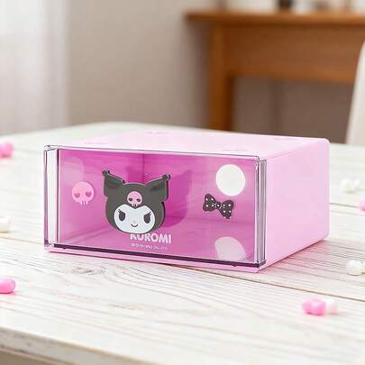 Miniso Sanrio Kuromi Karakterleri Serisi Tek Katmanlı Çekmece Kutusu Bebek Saplı, Sevimli Çizgi Film Şeklinde Saplı, Şeffaf - Dostu Plastik Malzeme, Ürün Sınıflandırma ve Depolama İçin Uygun, Masa Kırtasiye/Mücevher Düzenlemesi İçin Mükemmel