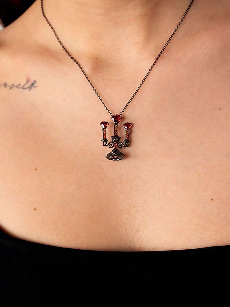 1 件复古哥特式镂空烛台项链，心形水晶吊坠项链，适合日常佩戴和节日 - 合金燭台吊墜項鍊 - 查看 1