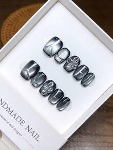 10片纯手工可穿戴指甲短方形指甲形状，手绘猫眼3D雕刻花朵指甲，高品质回火简约设计指甲，按压式指甲 - 彩色 - 查看 15